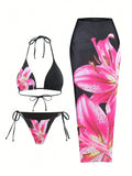 3 Piece Flower Print Bikini Set