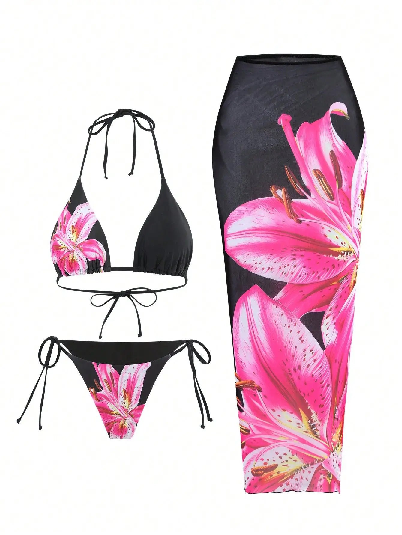 3 Piece Flower Print Bikini Set