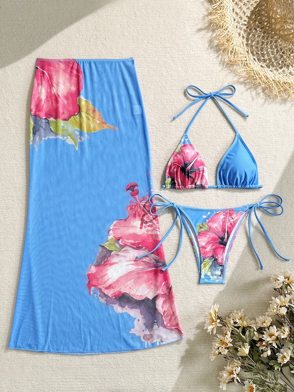 3 Piece Flower Print Bikini Set