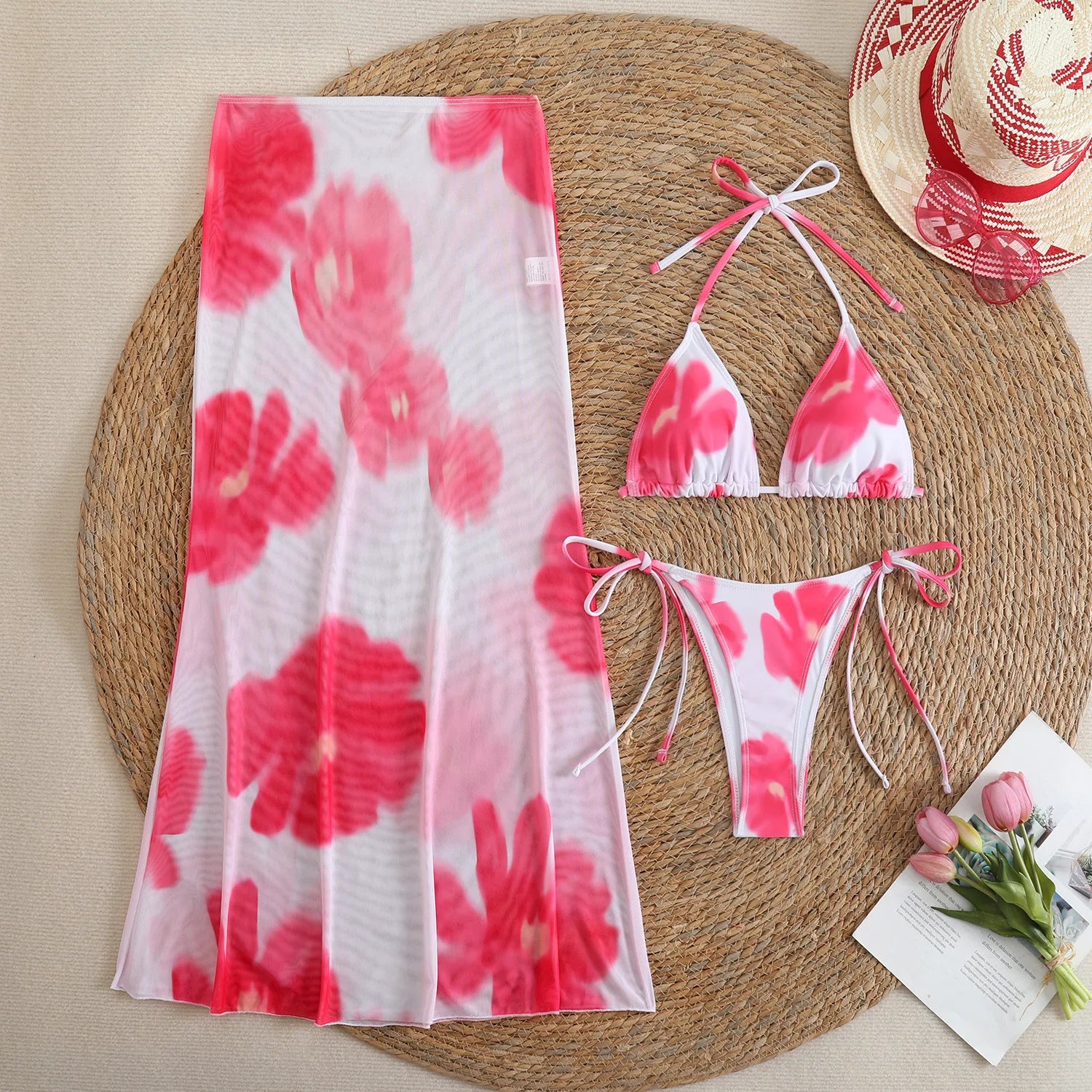 3 Piece Flower Print Bikini Set