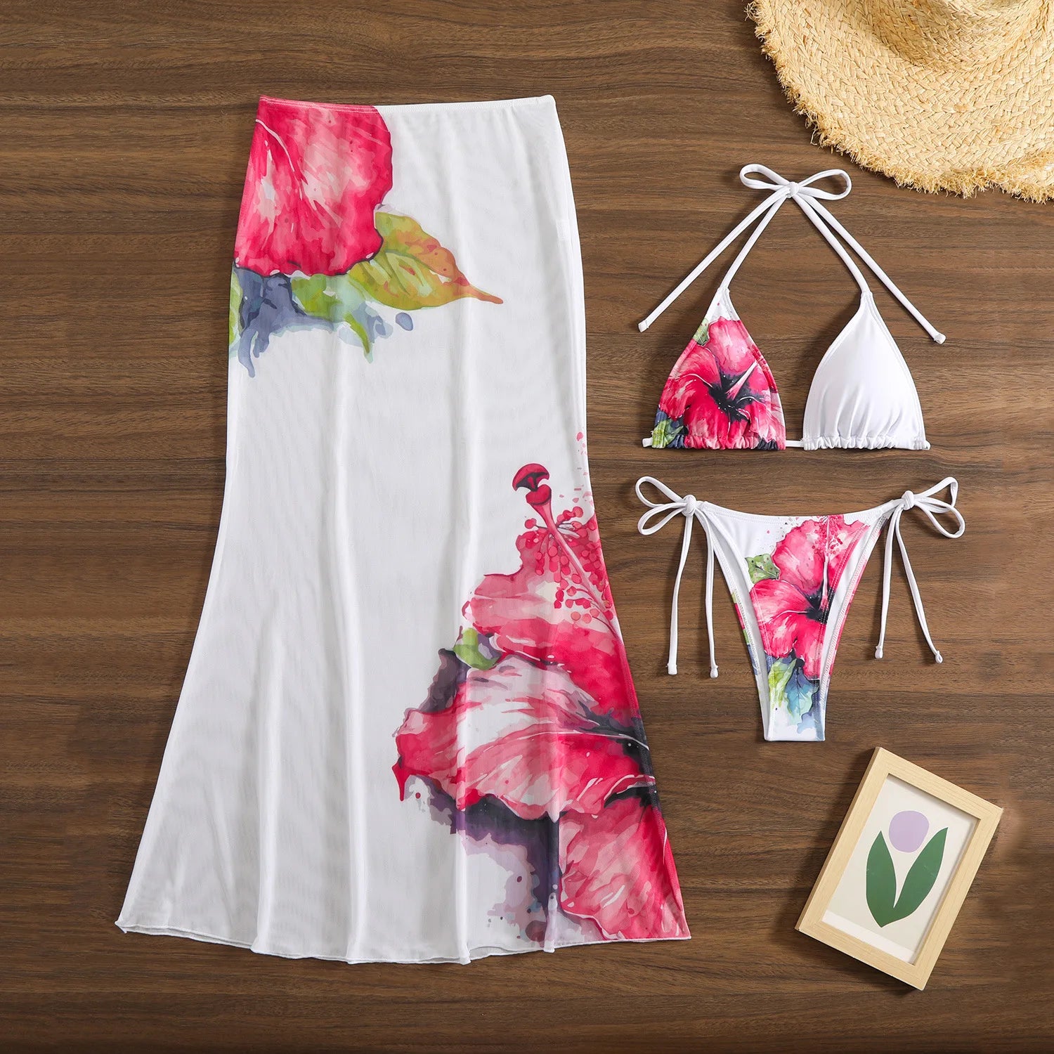 3 Piece Flower Print Bikini Set