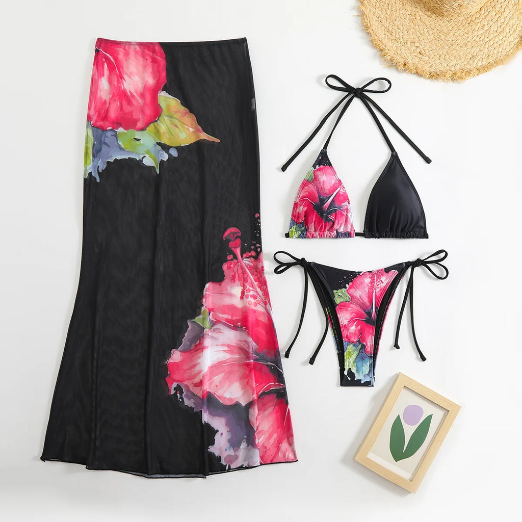 3 Piece Flower Print Bikini Set